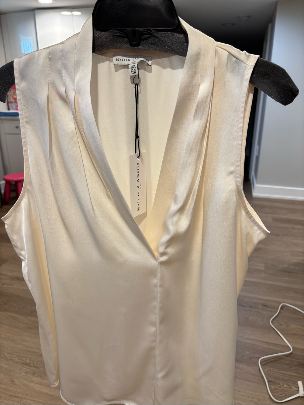Maison d'Amélie Cream Satin V-Neck Sleeveless Top